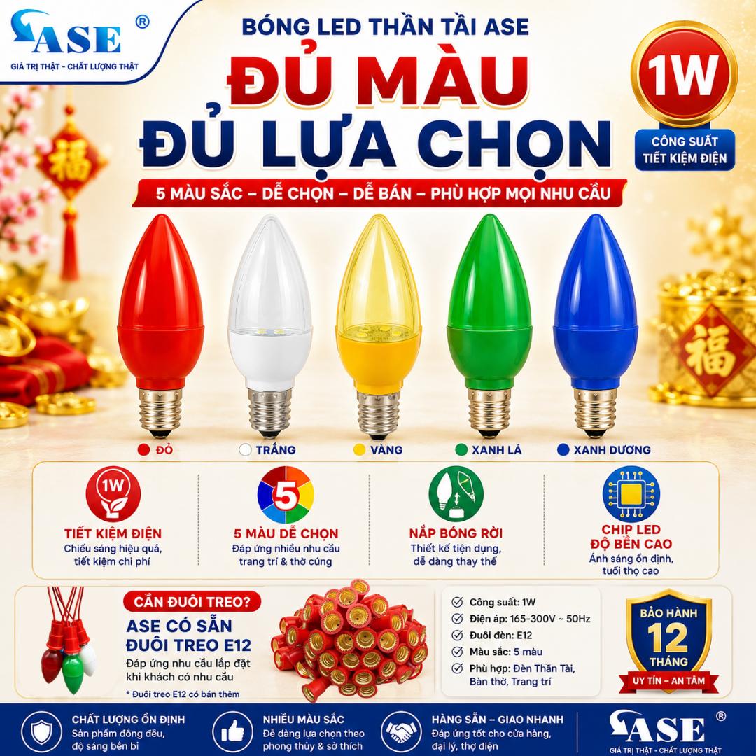 Bóng LED Thần Tài ASE 1W E12 220V Bóng LED Ớt, LED Cà Na, Bóng Bàn Thờ