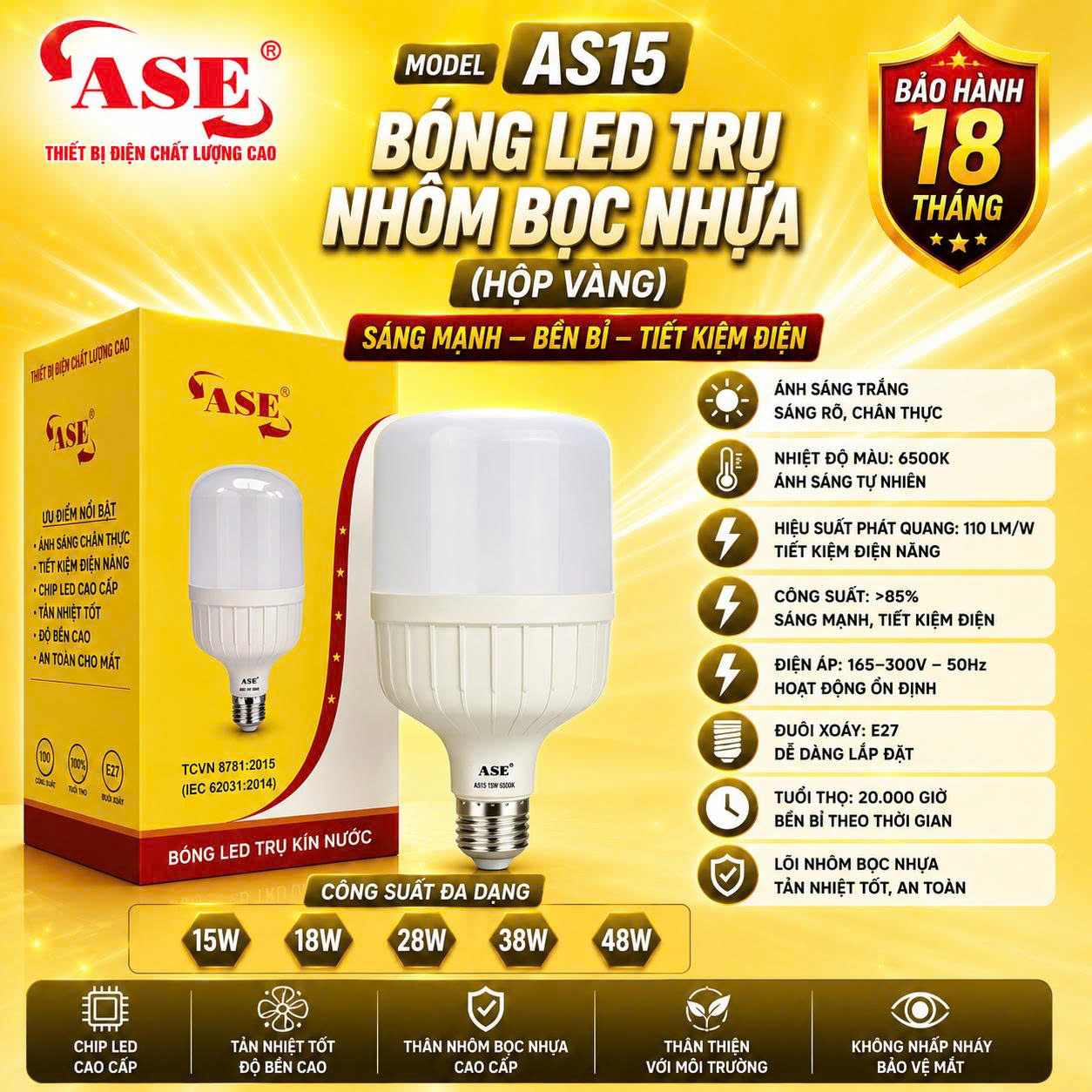 Bóng Đèn LED Trụ ASE AS15 Chính Hãng – Đui E27 – Ánh Sáng Trắng 6500K – Tiết Kiệm Điện – Bảo Hành Đổi Mới 18 Tháng
