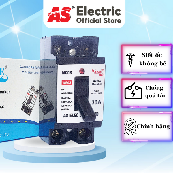 Cầu dao AS03 -10A/15A/20A/30A vỏ nhựa chịu nhiệt, chống quá tải, aptomat an toàn