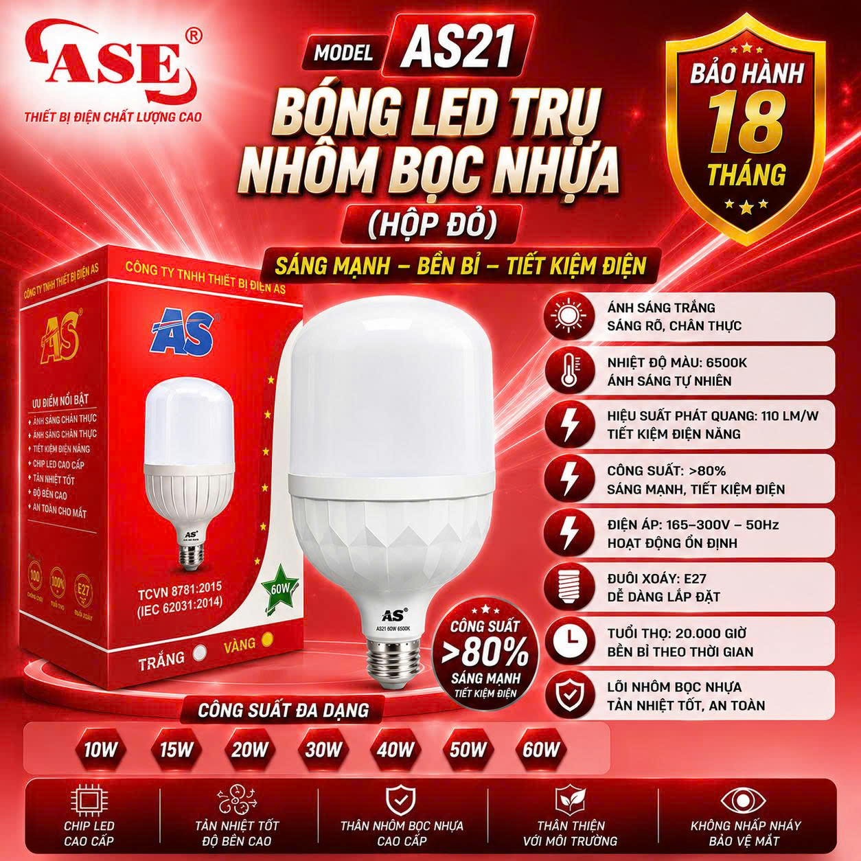 Bóng LED Trụ  Bóng Đèn Led ASE Từ 10W Đến 60W – Hộp Đỏ – Tiết Kiệm Điện, Độ Bền Cao Không Hại Mắt