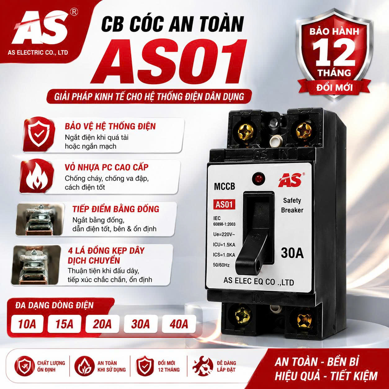 CB Cóc | Át Mini ASE AS01 10-40A Chính Hãng- Aptomat – CB Cóc – Cầu Dao An Toàn Chống Quá Tải – Có Đèn Báo Nguồn – Vỏ Chống Vỡ