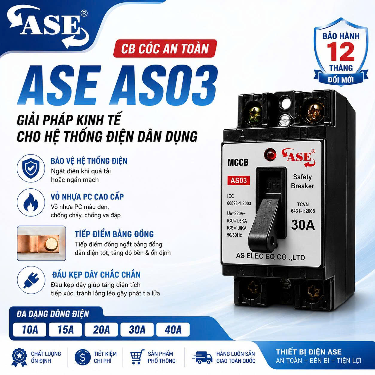 CB Cóc | Át Mini ASE AS03 10-40A Chính Hãng- Aptomat – CB Cóc – Cầu Dao An Toàn Chống Quá Tải – Có Đèn Báo Nguồn – Vỏ Chống Vỡ