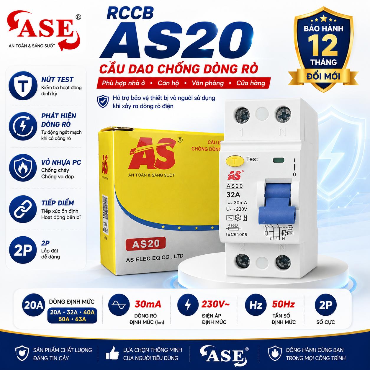 RCCB CẦU DAO AN TOÀN CHỐNG GIẬT CHỐNG DÒNG RÒ AS20