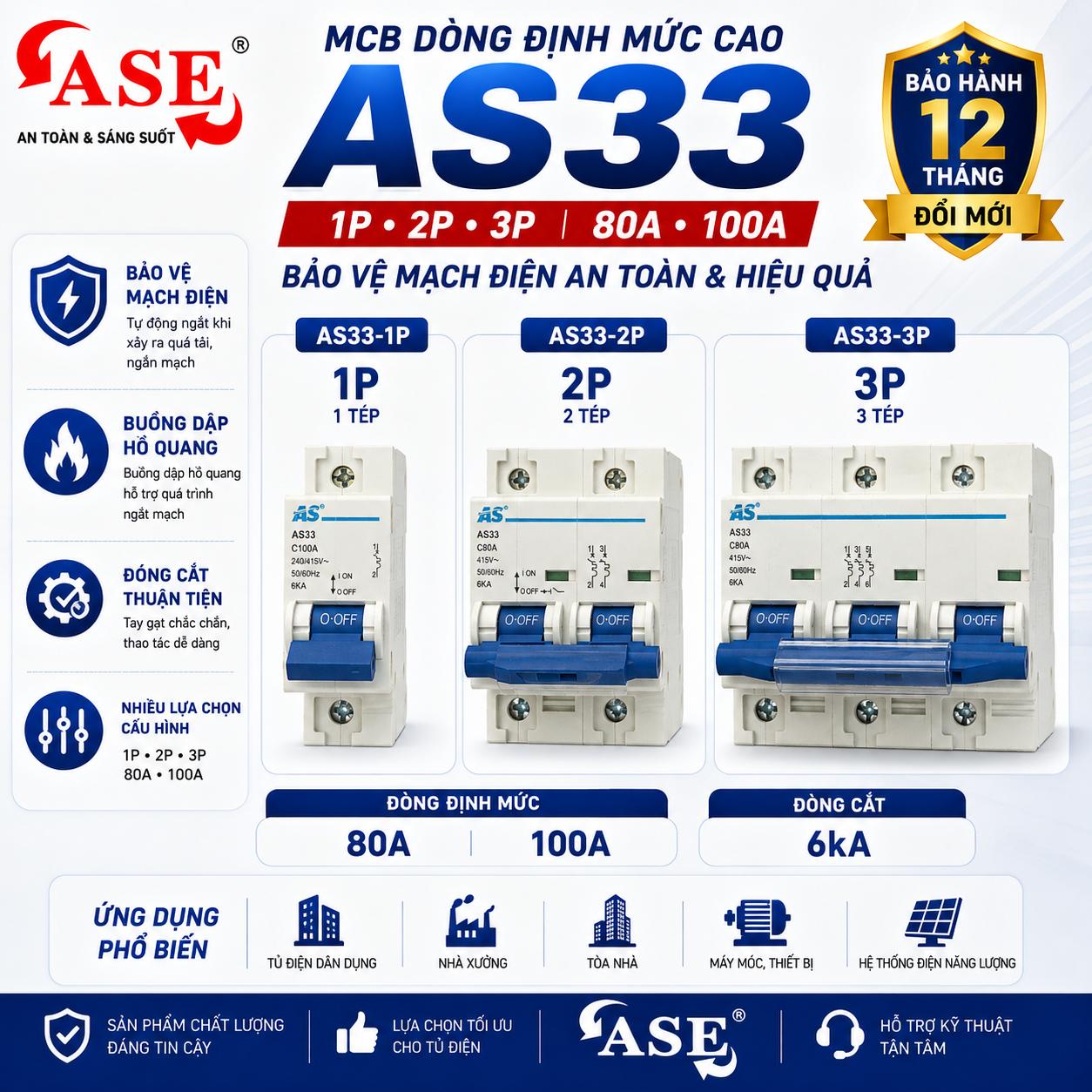 CẦU DAO AN TOÀN MCB AS33 1P, 2P, 3P CÔNG SUẤT LỚN 80A, 100A