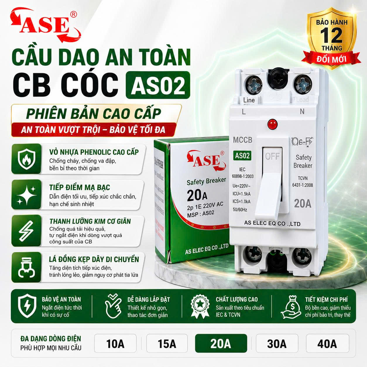 CB Cóc Cao Cấp | Át Mini ASE AS02 10A-20A-30A-40A Chính Hãng- Aptomat – Cầu Dao An Toàn Chống Quá Tải – Có Đèn Báo Nguồn