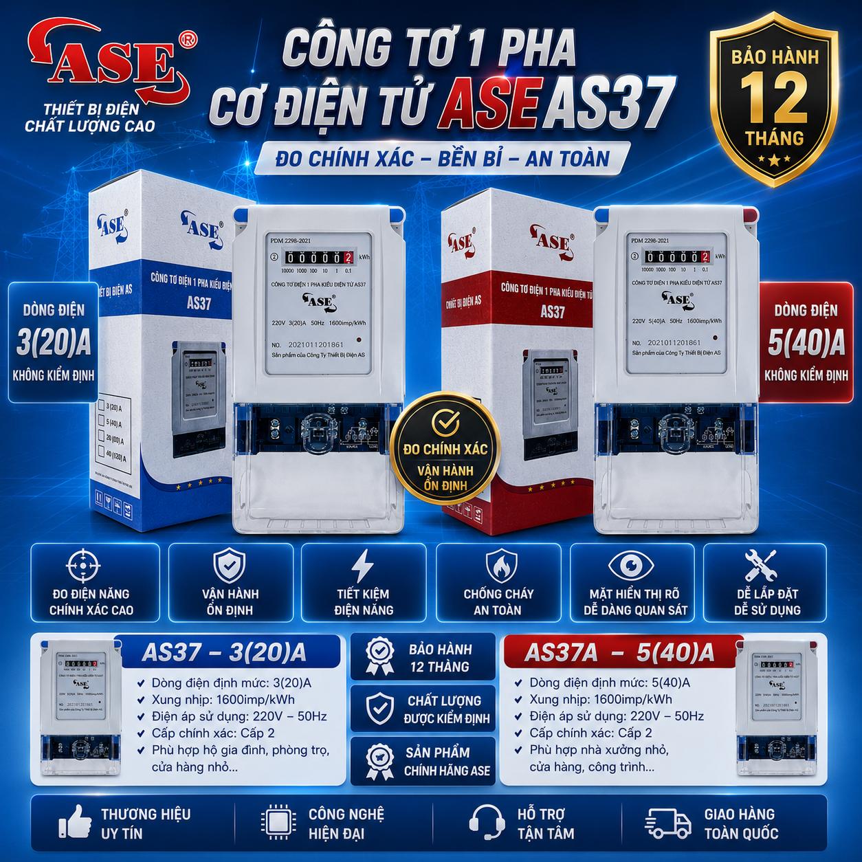 CÔNG TƠ ĐIỆN 1 PHA KIỂU ĐIỆN TỬ ASE AS37 5(40)A
