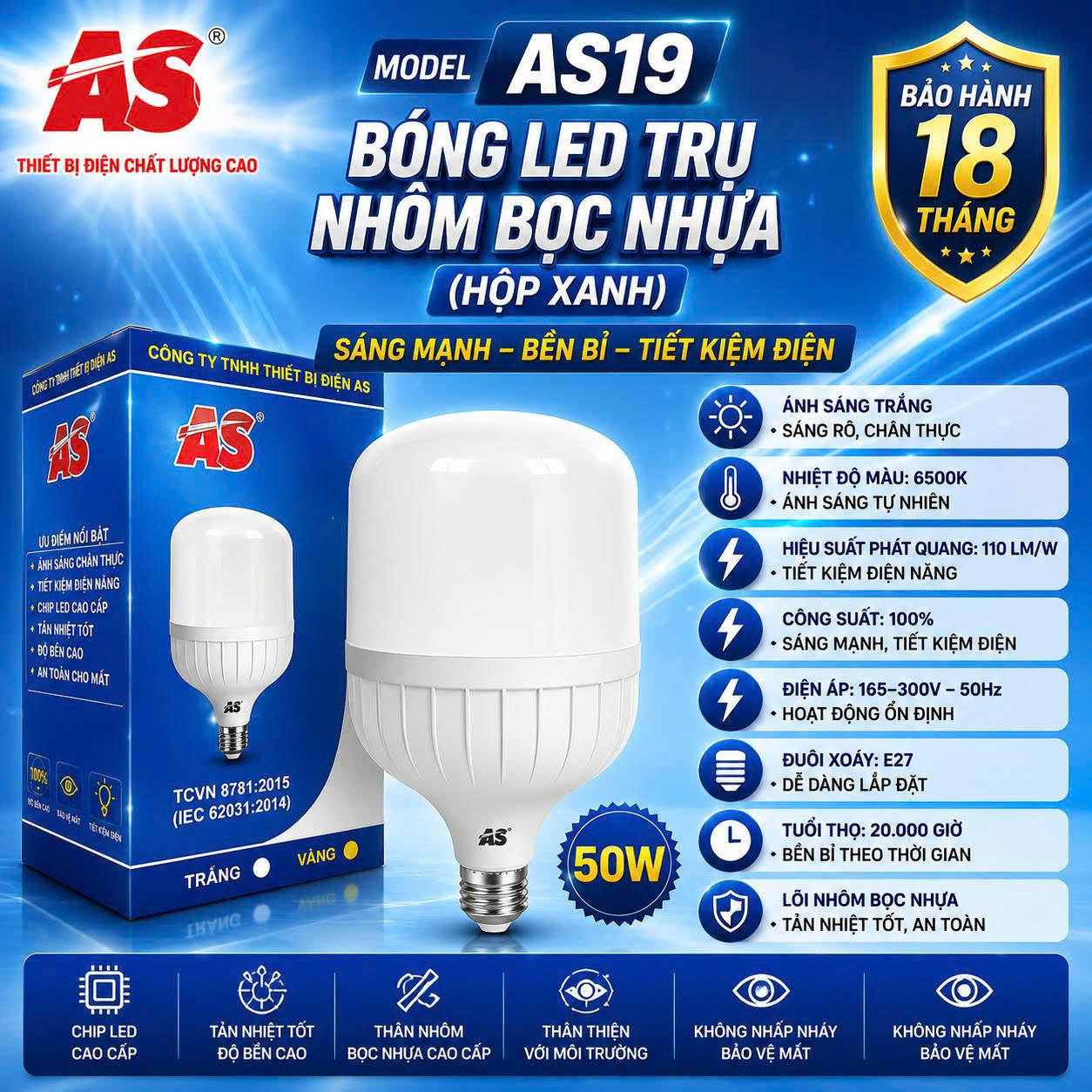 Bóng Đèn LED Trụ ASE AS19 Cao Cấp 50W | Công Suất Thực 100% – Siêu Sáng – Tiết Kiệm Điện – Bảo Hành 24 Tháng