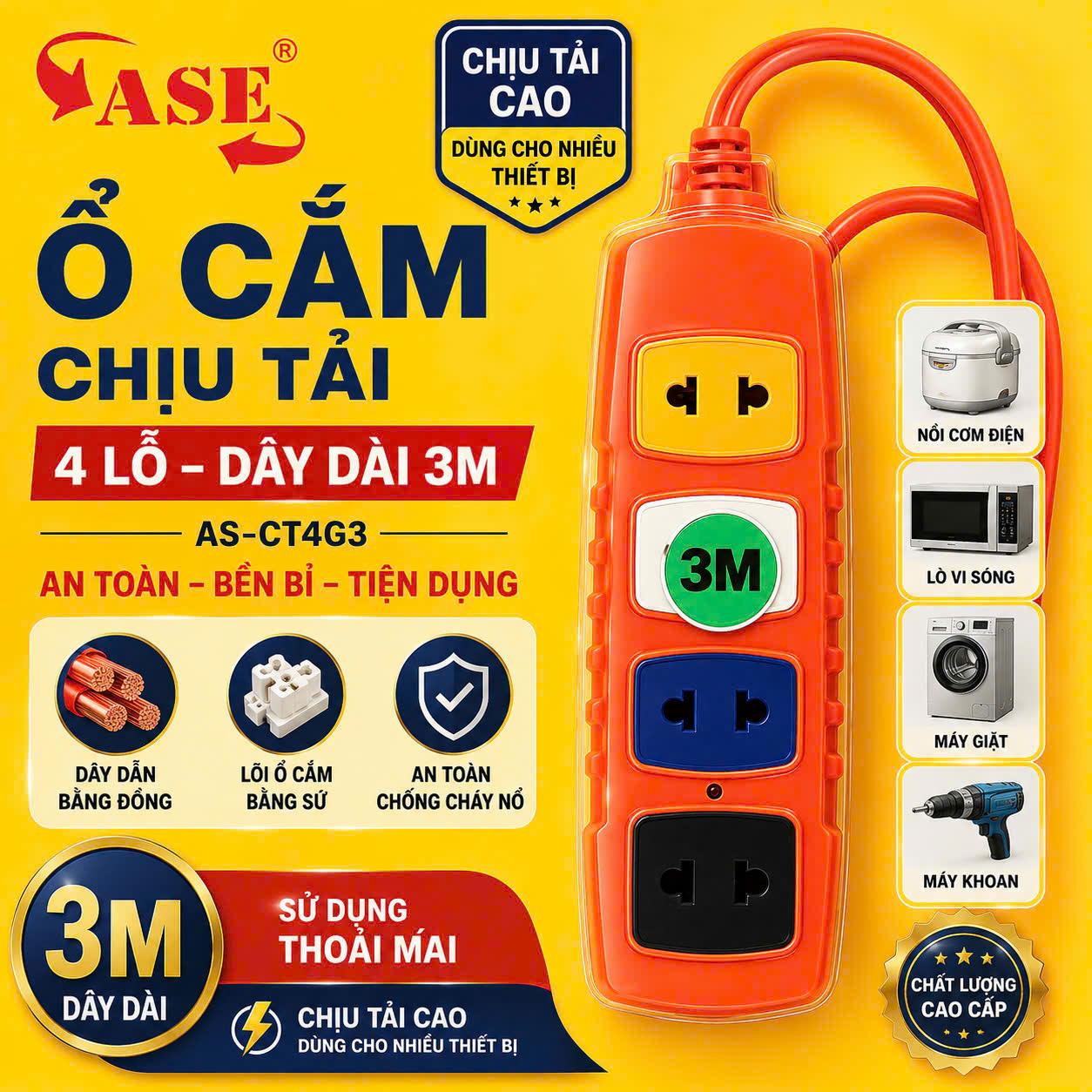 Ổ Cắm Chịu Tải ASE 6000W | 3 Lỗ – 4 Lỗ | Có Dây | Ổ Cắm Bếp Từ | Máy Hàn | Máy Cắt