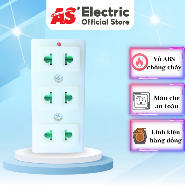 Ổ cắm 3 lỗ có màn che AS nhựa ABS chống cháy, lõi đồng, bảo vệ an toàn cho trẻ