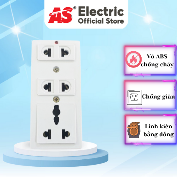 Ổ cắm 3 lỗ AS-3ĐN, dùng cho phích 2 chân và 3 chân, có đèn led, nhựa ABS chống cháy