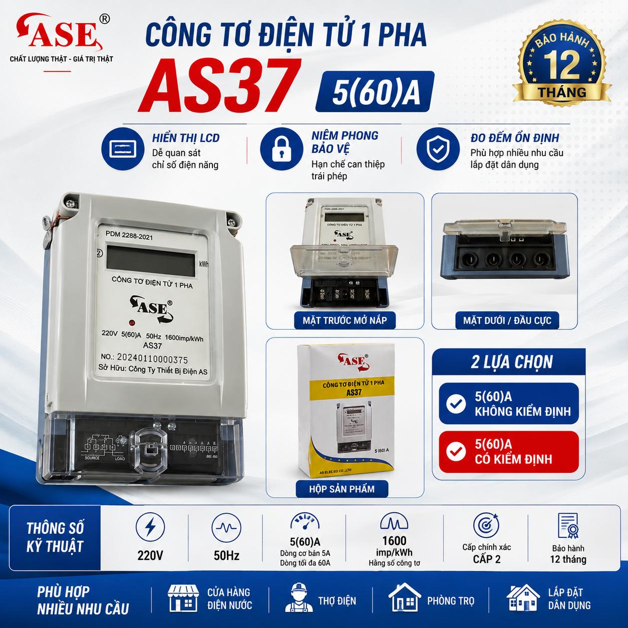 Công Tơ Điện Tử 1 Pha ASE AS37 5(60)A 220V 240V – Màn Hình LED