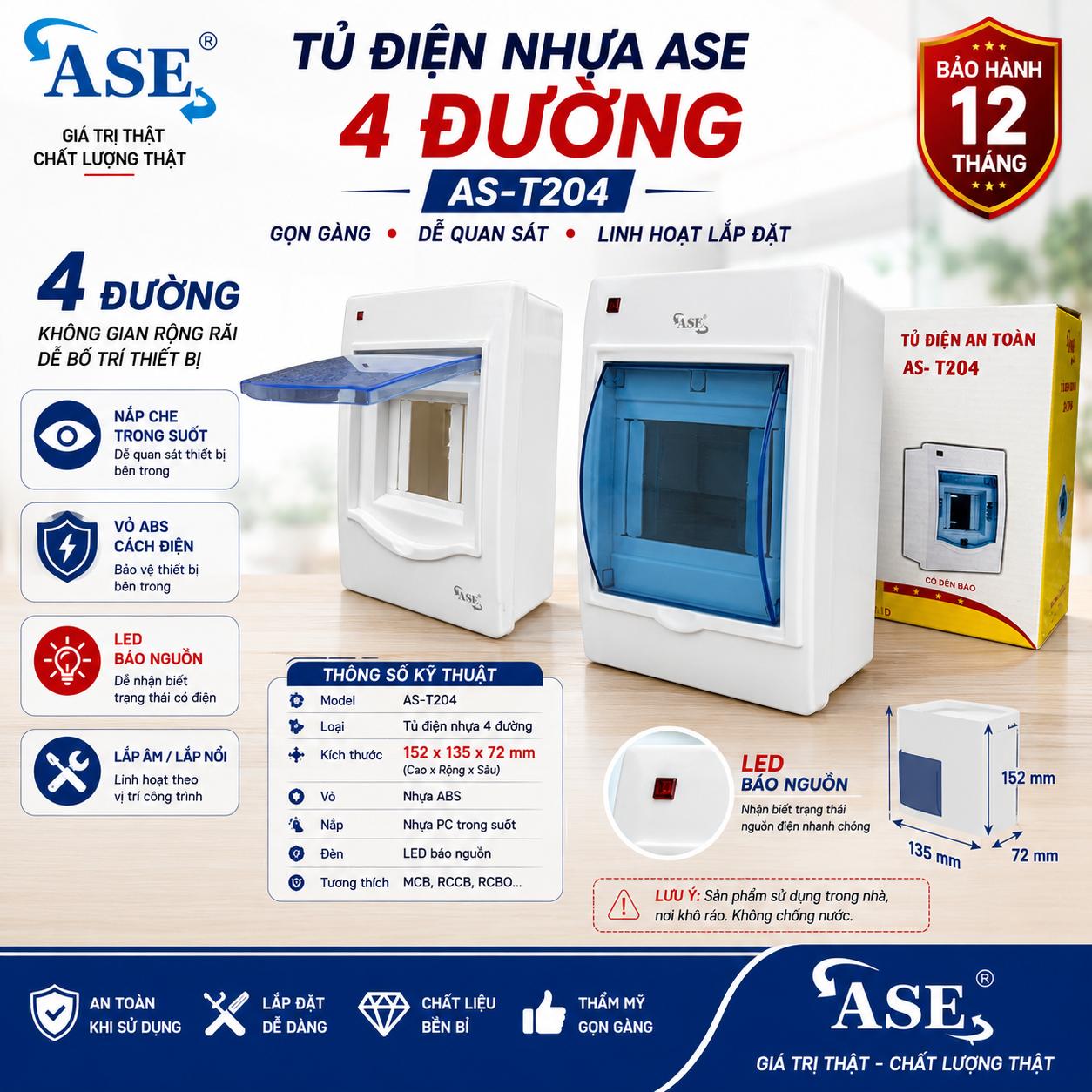 Tủ Điện Nhựa 4 Đường ASE – Hộp Chứa CB, RCBO, MCB, RCCB 2-4 Pha Có Đèn Led Báo Nguồn