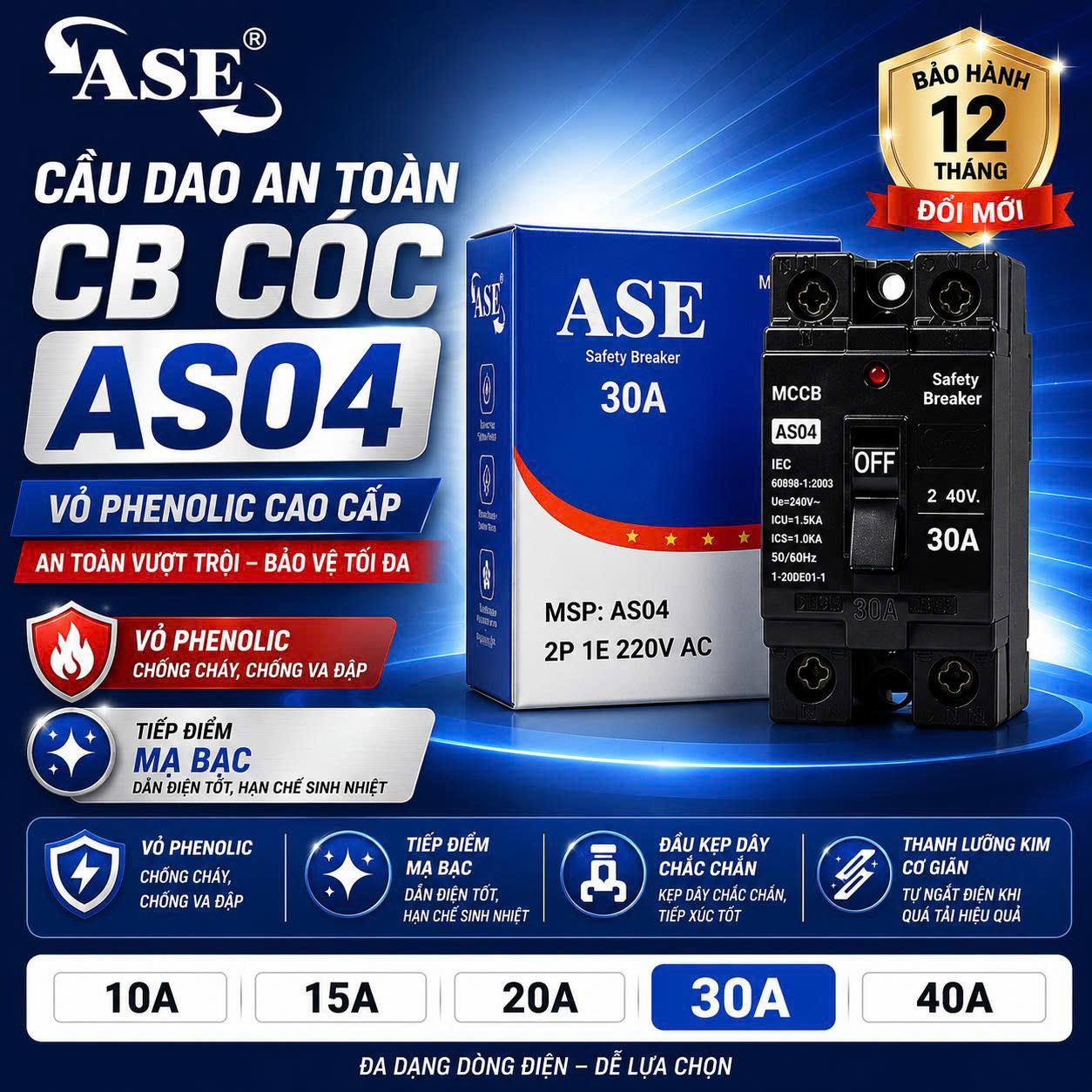 CB Cóc Cao Cấp | Át Mini ASE AS04 10A-20A-30A-40A Chính Hãng- Aptomat – Cầu Dao An Toàn Chống Quá Tải – Có Đèn Báo Nguồn