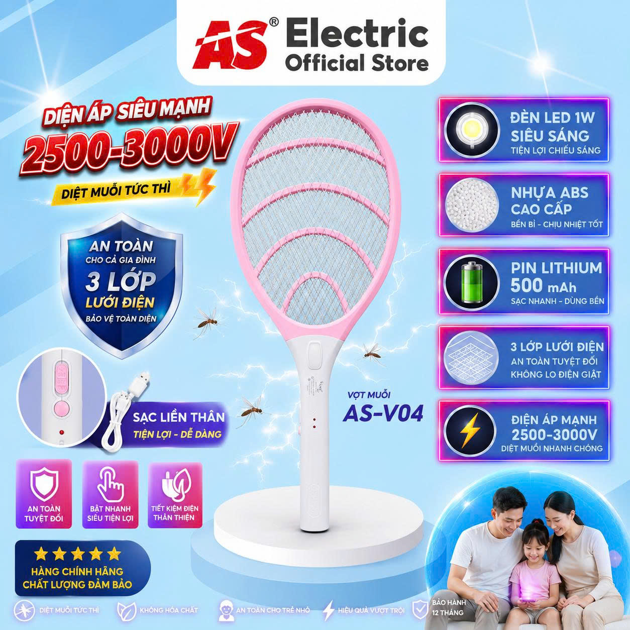 Vợt Muỗi Điện ASE AS-V04 Pin Lithium 500mAh Đèn LED 1W Sạc Trực Tiếp 220V Lưới 3 Lớp