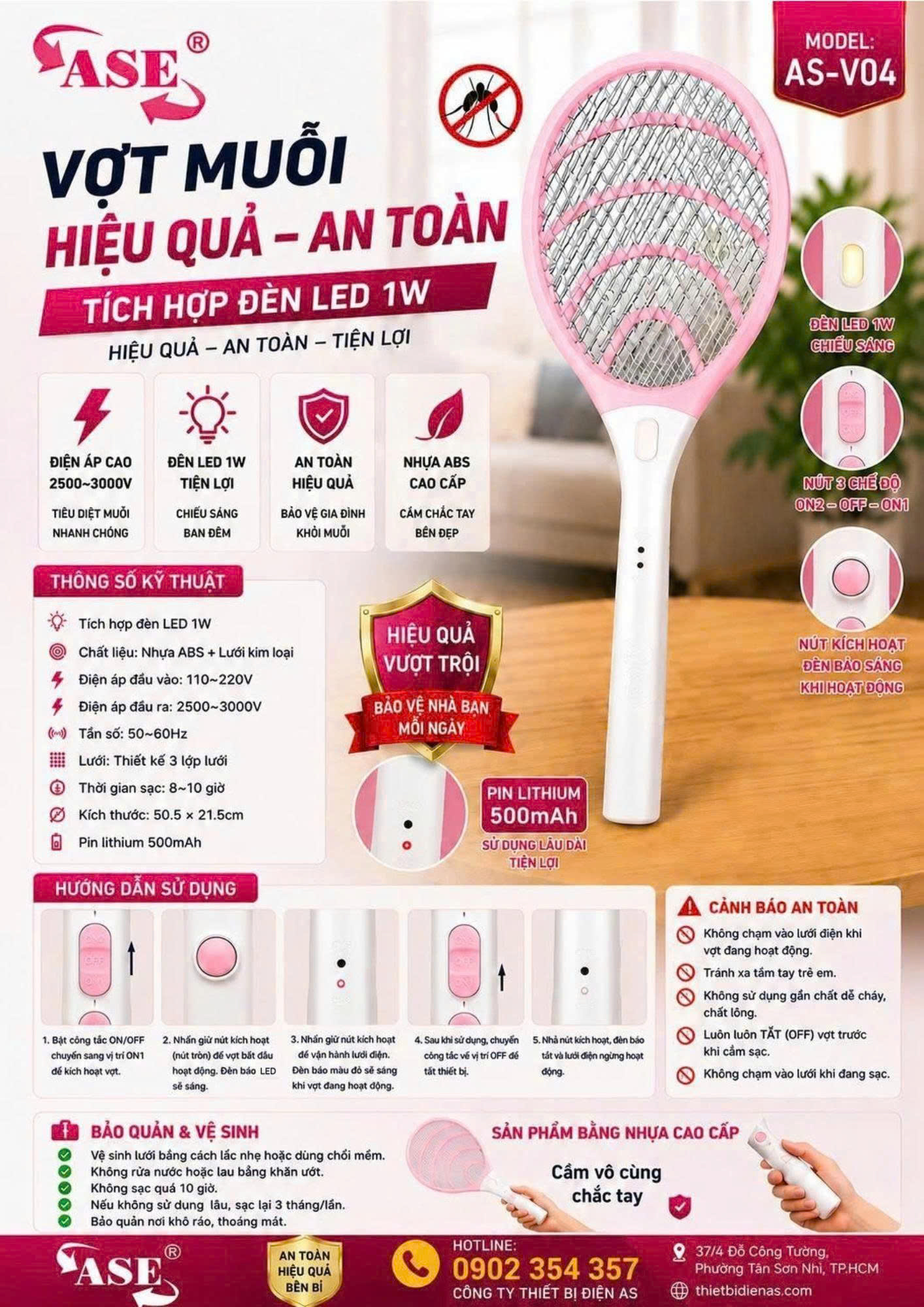 Vợt muỗi ASE Vợt muỗi sạc liền thân, nguồn điện 220V