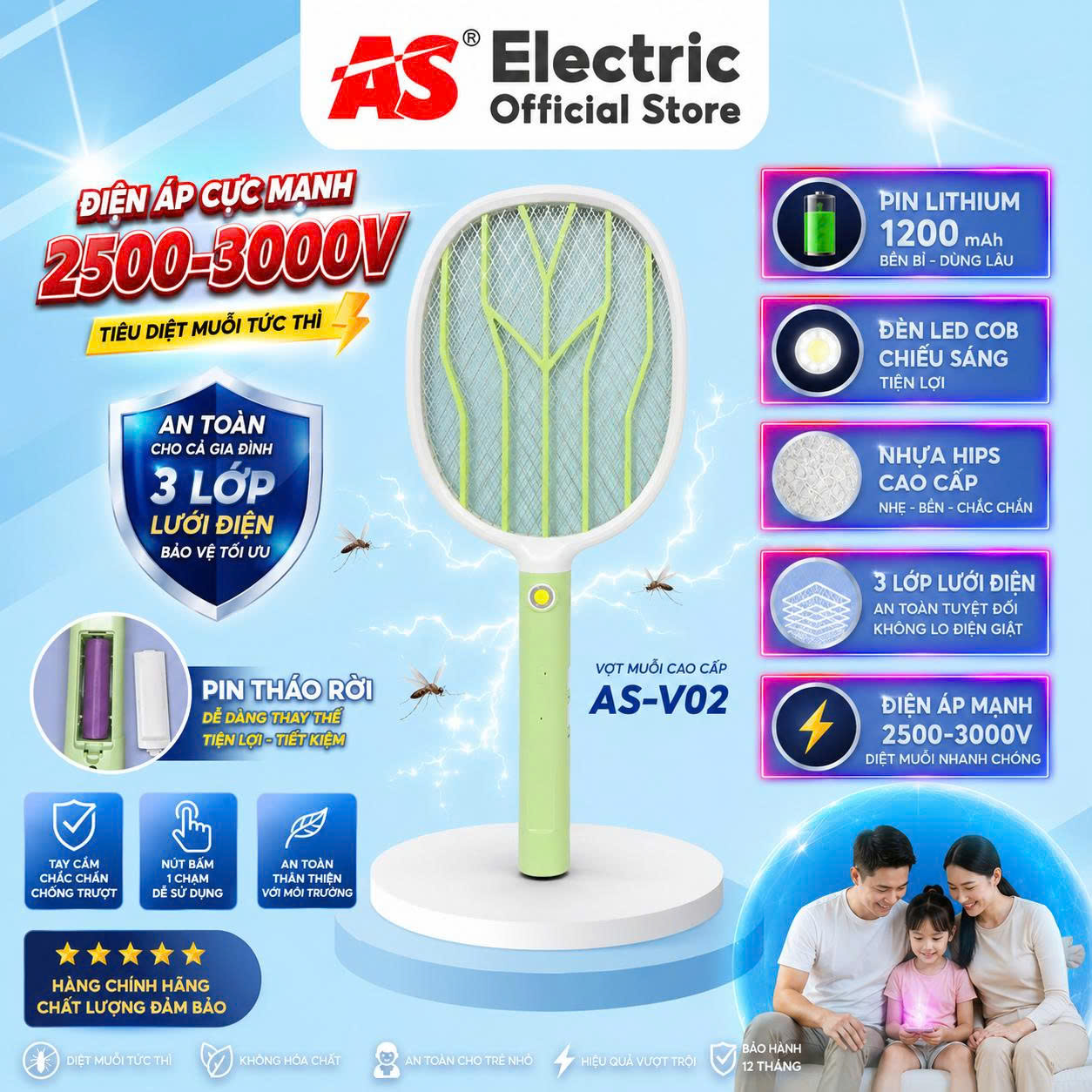 Vợt Muỗi Điện ASE AS-V02 Pin Lithium 1200mAh Sạc Điện 220V Đèn LED COB Lưới 3 Lớp
