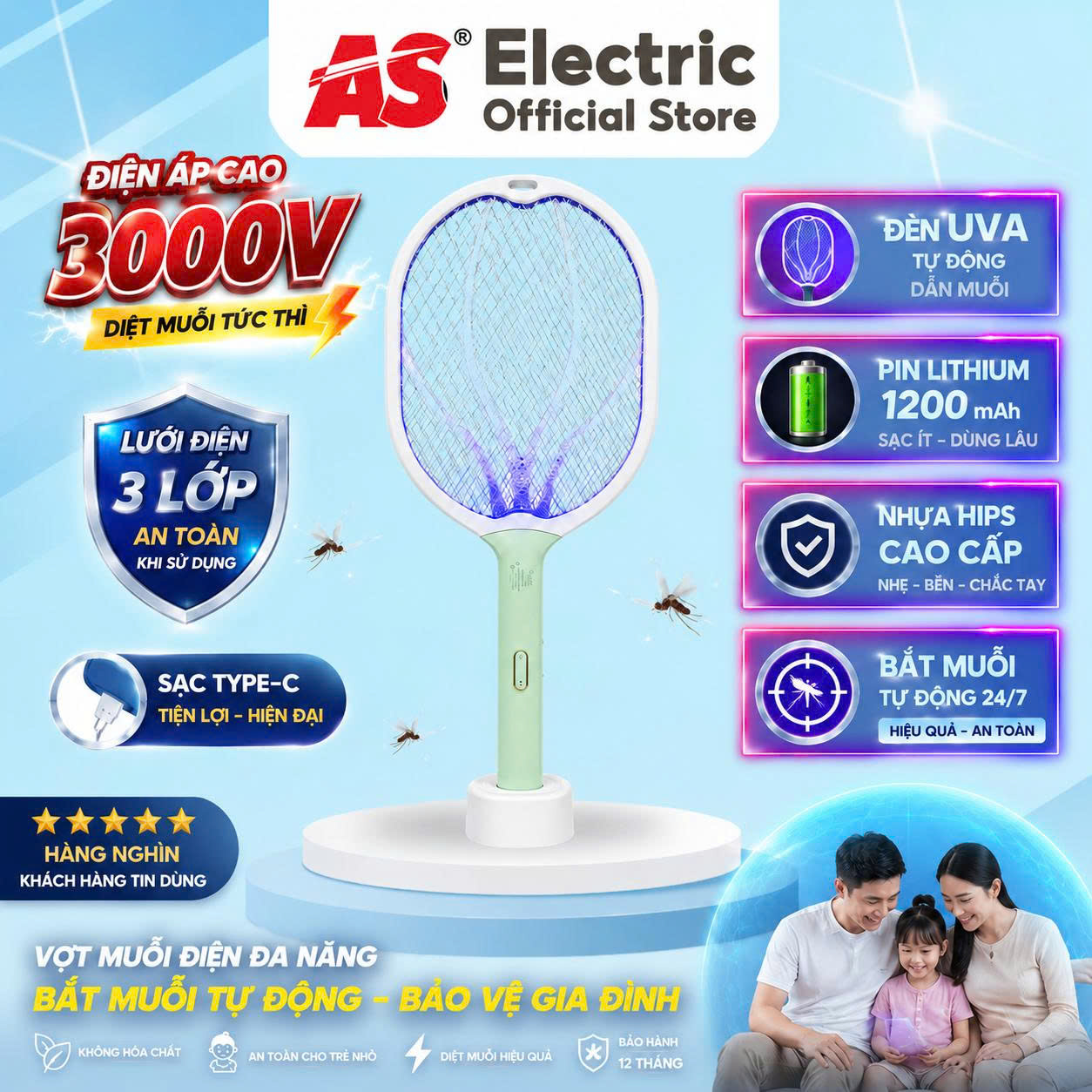 Vợt Muỗi Điện ASE AS-V01 Pin Lithium 1200mAh Đèn UV Tự Bắt Muỗi Sạc Type-C 3000V
